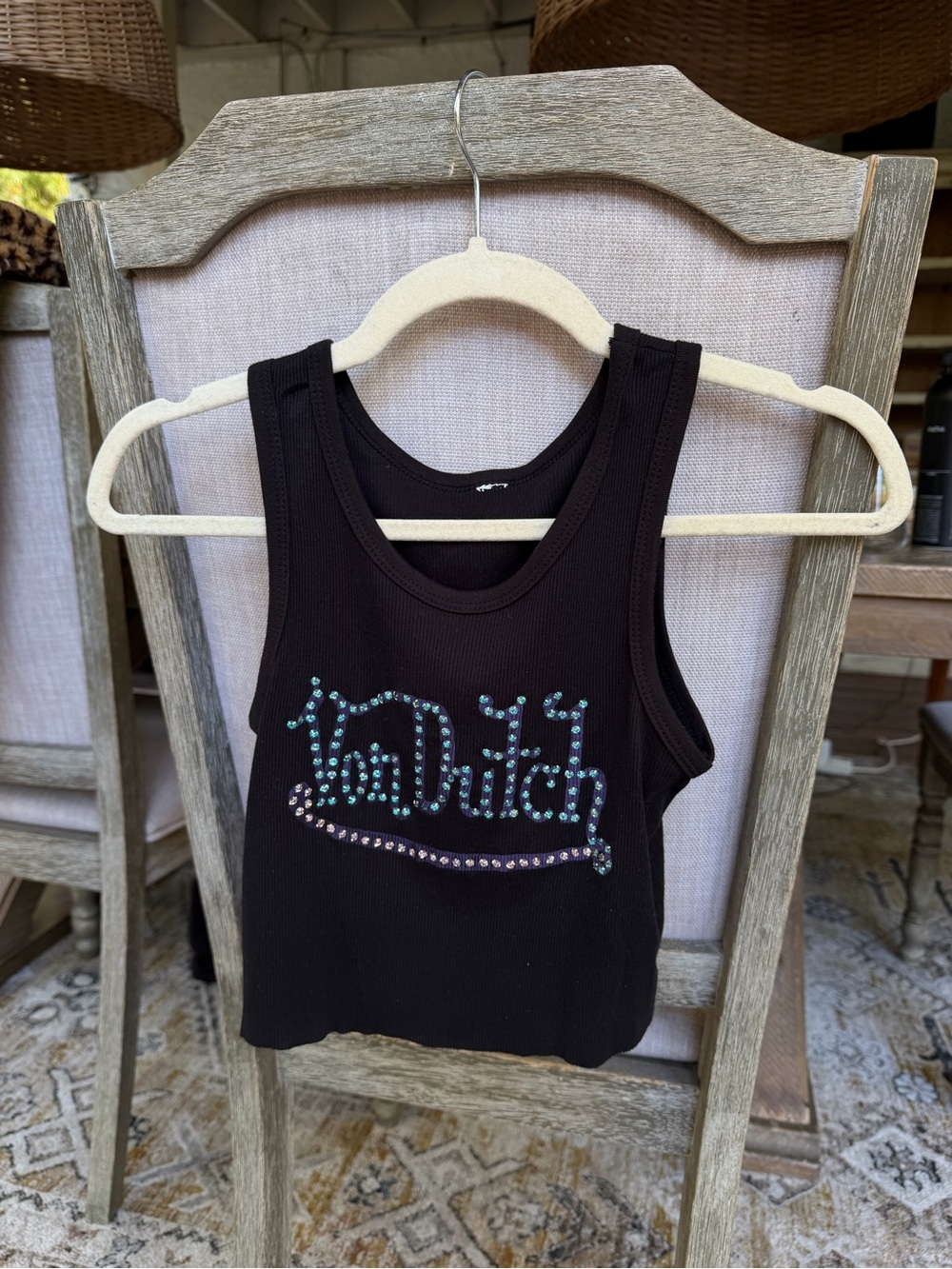 Vintage Von Dutch Black Rhinestone Logo Tank Top Y2K